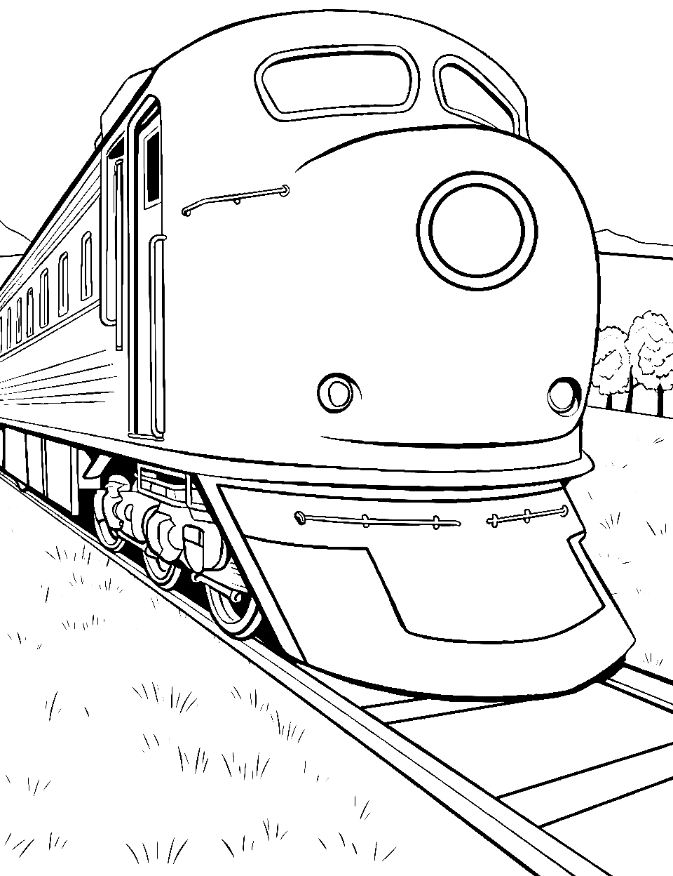 Passenger Train Coloring Page - A sleek train gliding through countryside.