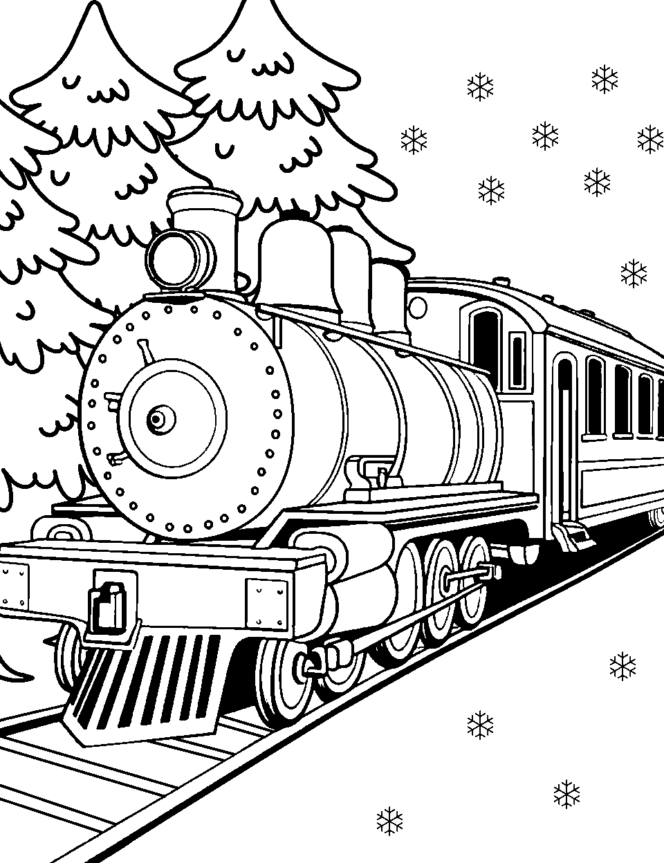 Winter Wonderland Train Coloring Page - A train passing through a snowy, winter wonderland.