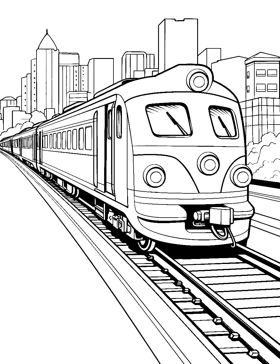Rapid Transport in the City Coloring Page - A high-speed train dashing through a modern city.
