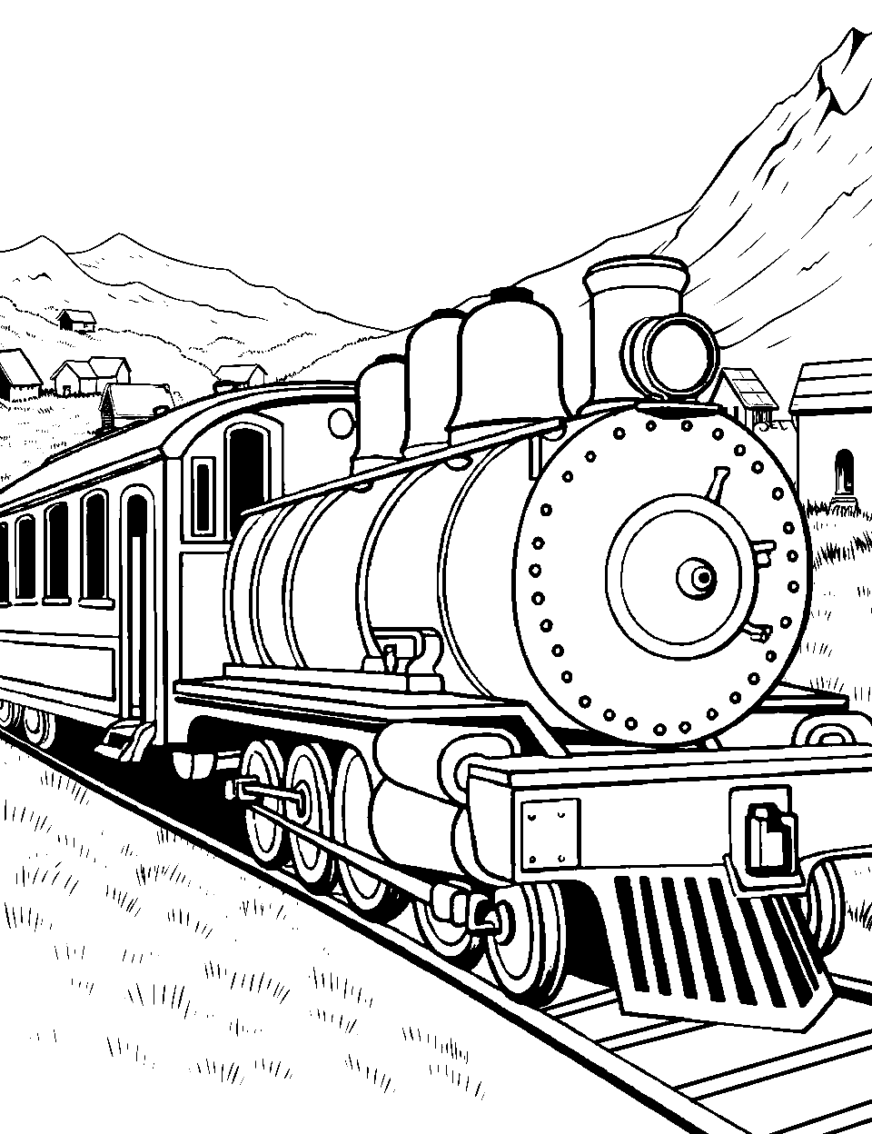 European Countryside Journey Train Coloring Page - An old-fashioned European train in a scenic countryside.