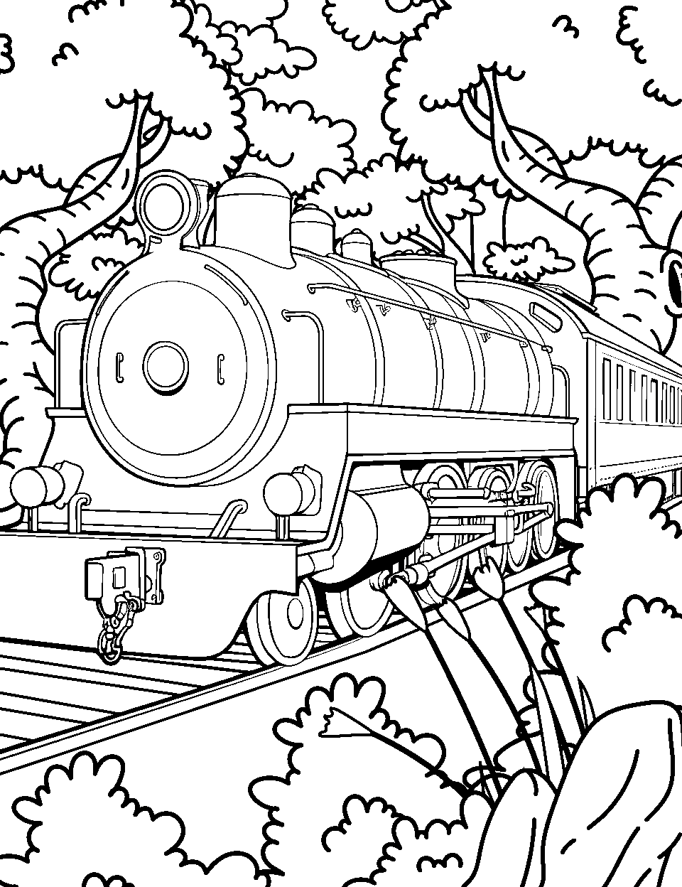 Jungle Safari Train Coloring Page - A train passing through a lush jungle.