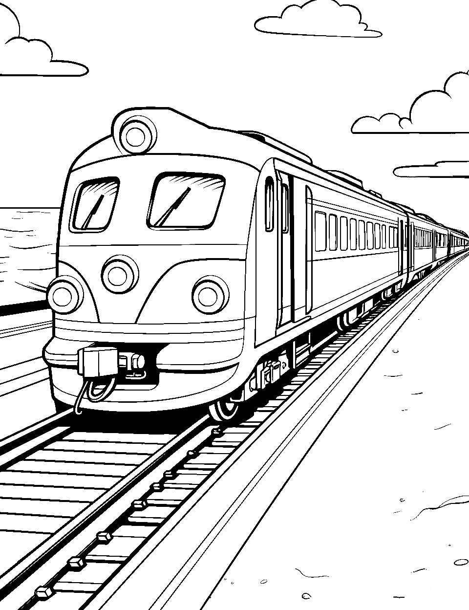 Seaside Scenic Train Coloring Page - A train traveling along a beautiful coastal line.
