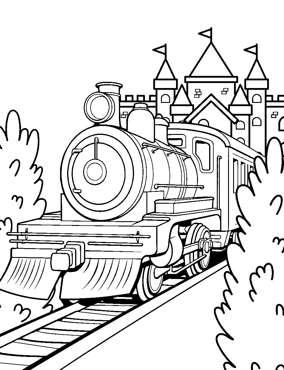 Medieval Castle Train Coloring Page - A train passing by a grand medieval castle.