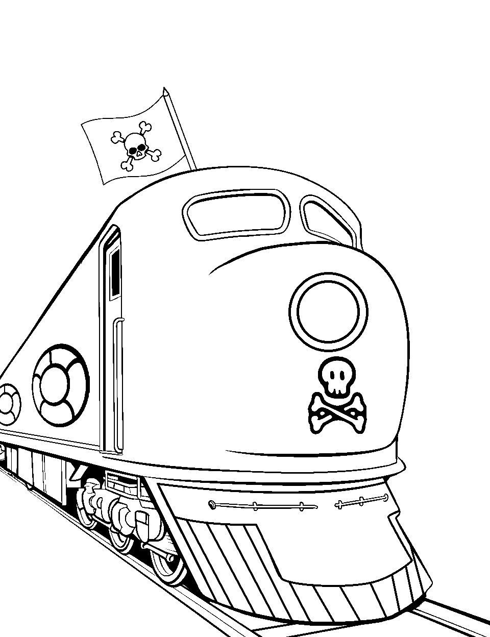 Pirate Train Adventure Coloring Page - A modern train with a pirate ship theme on the tracks with Jolly Roger.