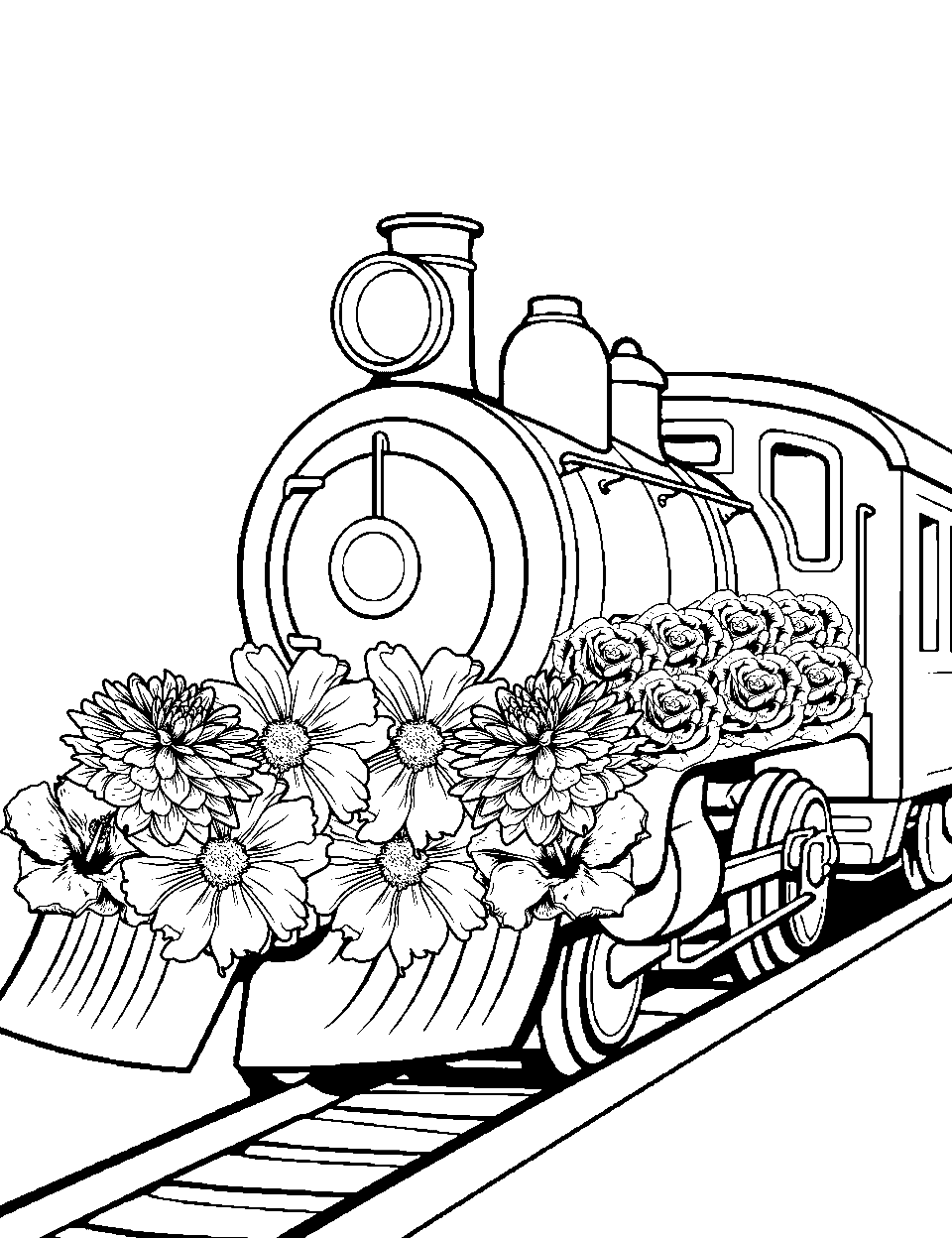Flower-Powered Train Coloring Page - A train adorned with a variety of colorful flowers.