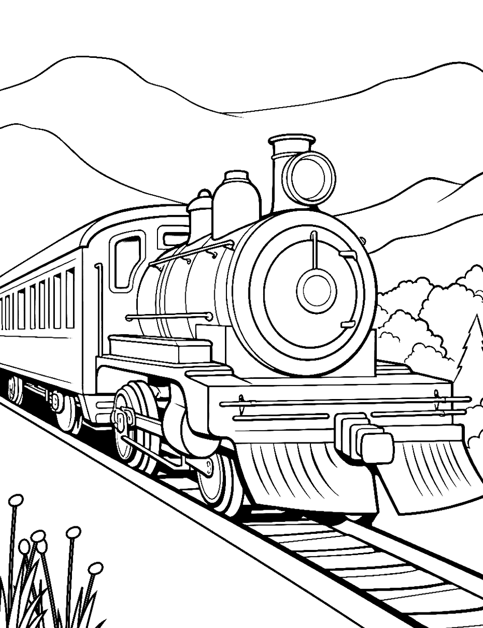 Passenger Train Journey Coloring Page - A long passenger train traveling through a gentle countryside.