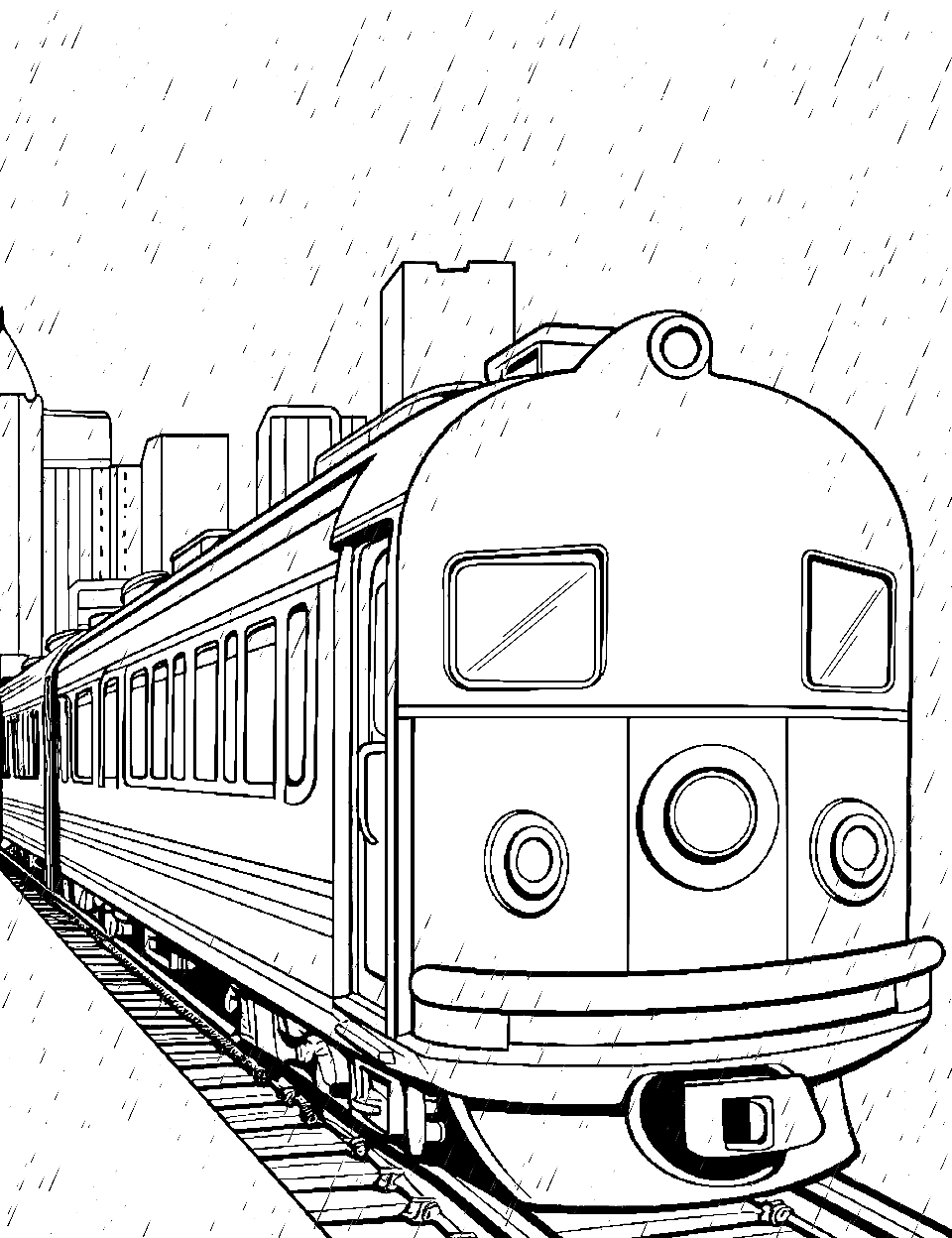 Rainy Day Commuter Train Coloring Page - A train traveling through a rainy, urban landscape.