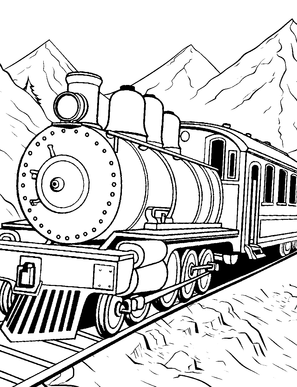 Mountain Climbing Train Coloring Page - A train going through a scenic mountain path.