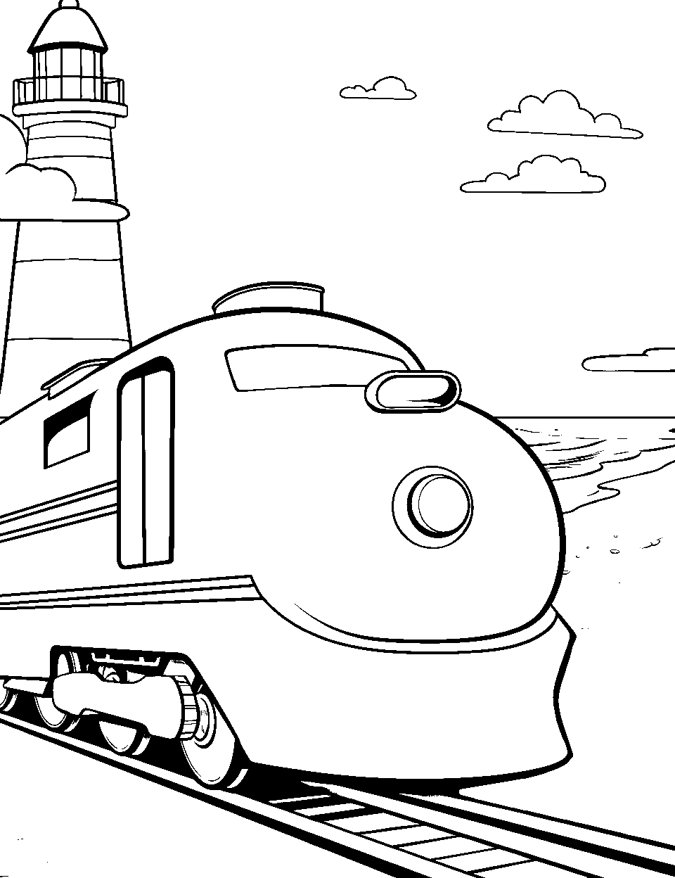 Lighthouse Coastal Train Coloring Page - A train passing by a towering lighthouse on the coast.