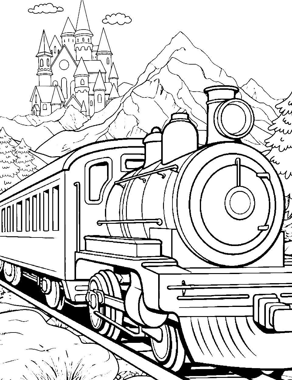 Fairytale Train Adventure Coloring Page - A train traveling through classic fairytale scenes.