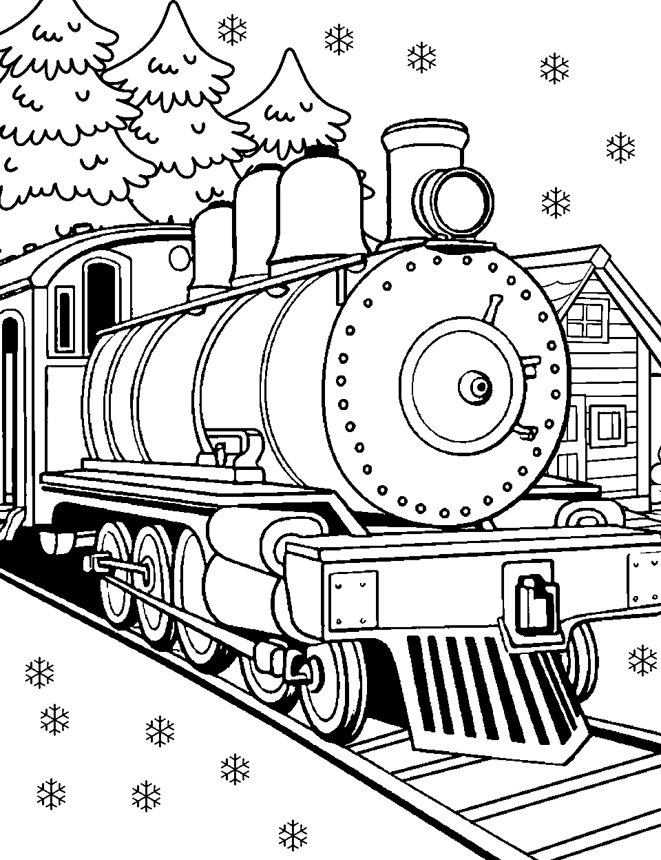 Train in a Winter Village Coloring Page - A quaint train passing through a snowy village.