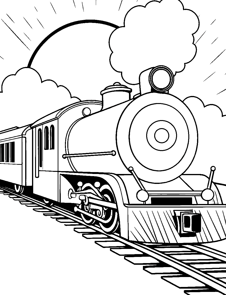 Sunset Express Coloring Page - A train journeying during a stunning sunset.