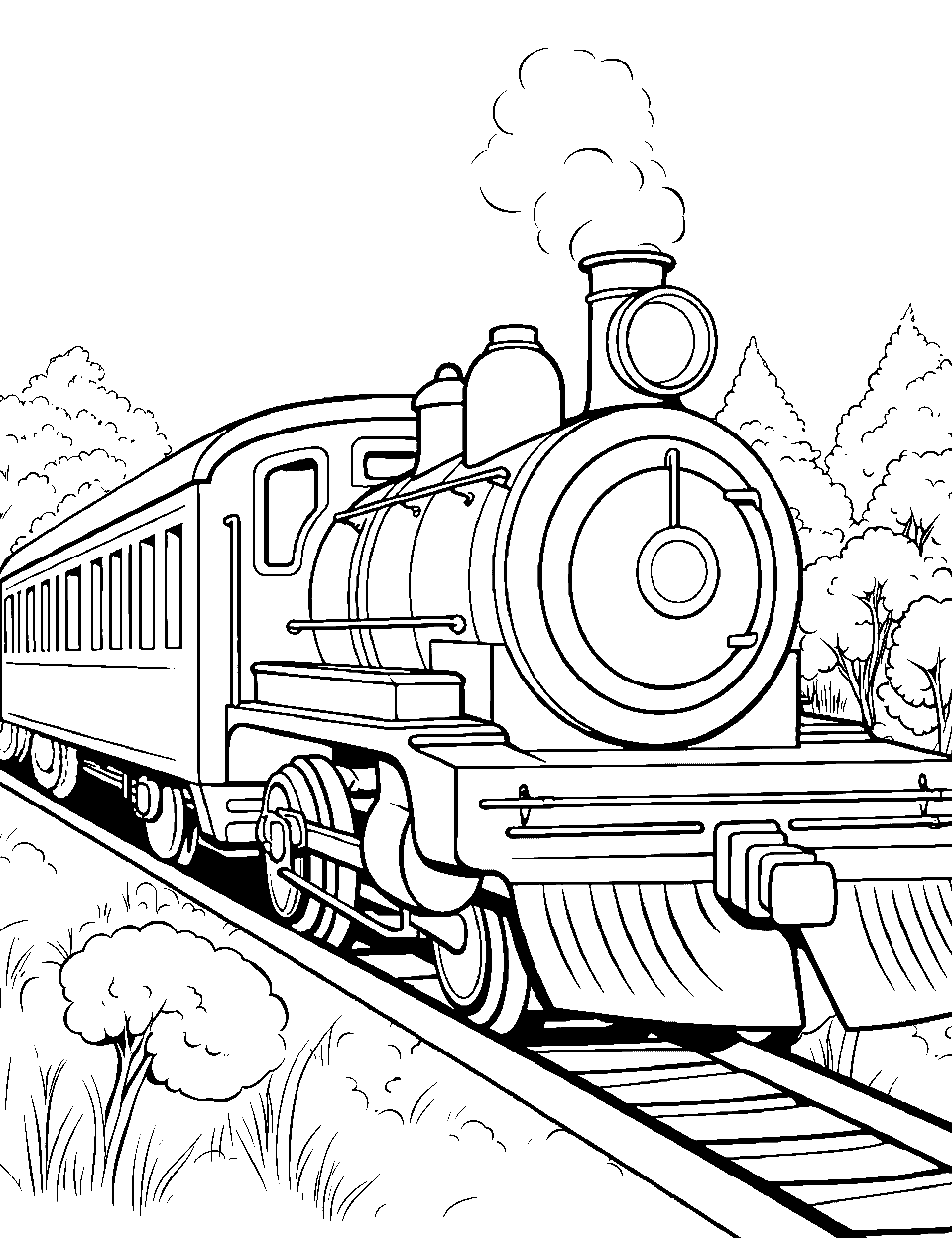 Train Through a Forest Coloring Page - A train winding through a deep forest.