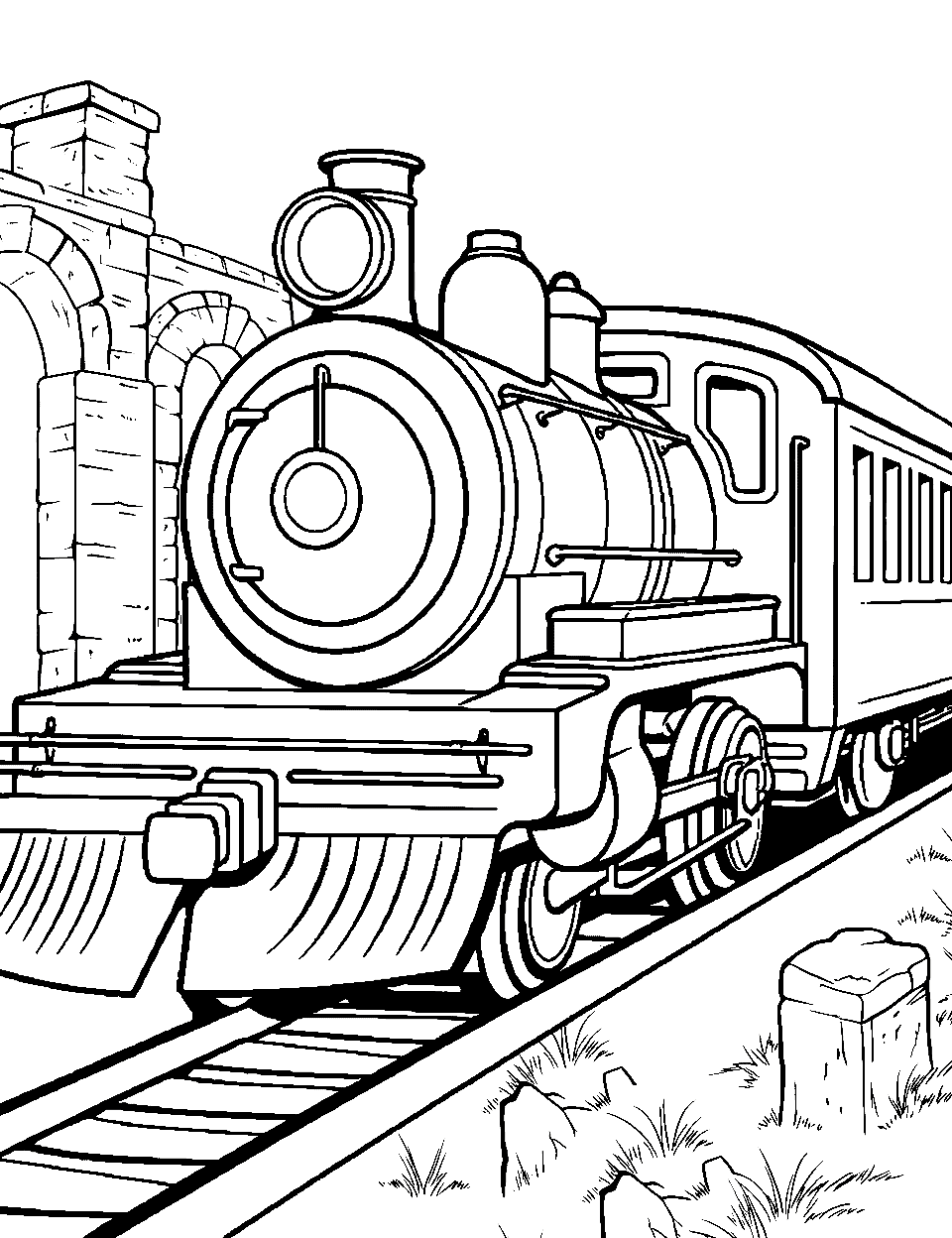 Train Through Ancient Ruins Coloring Page - A train passing by historical, ancient ruins.