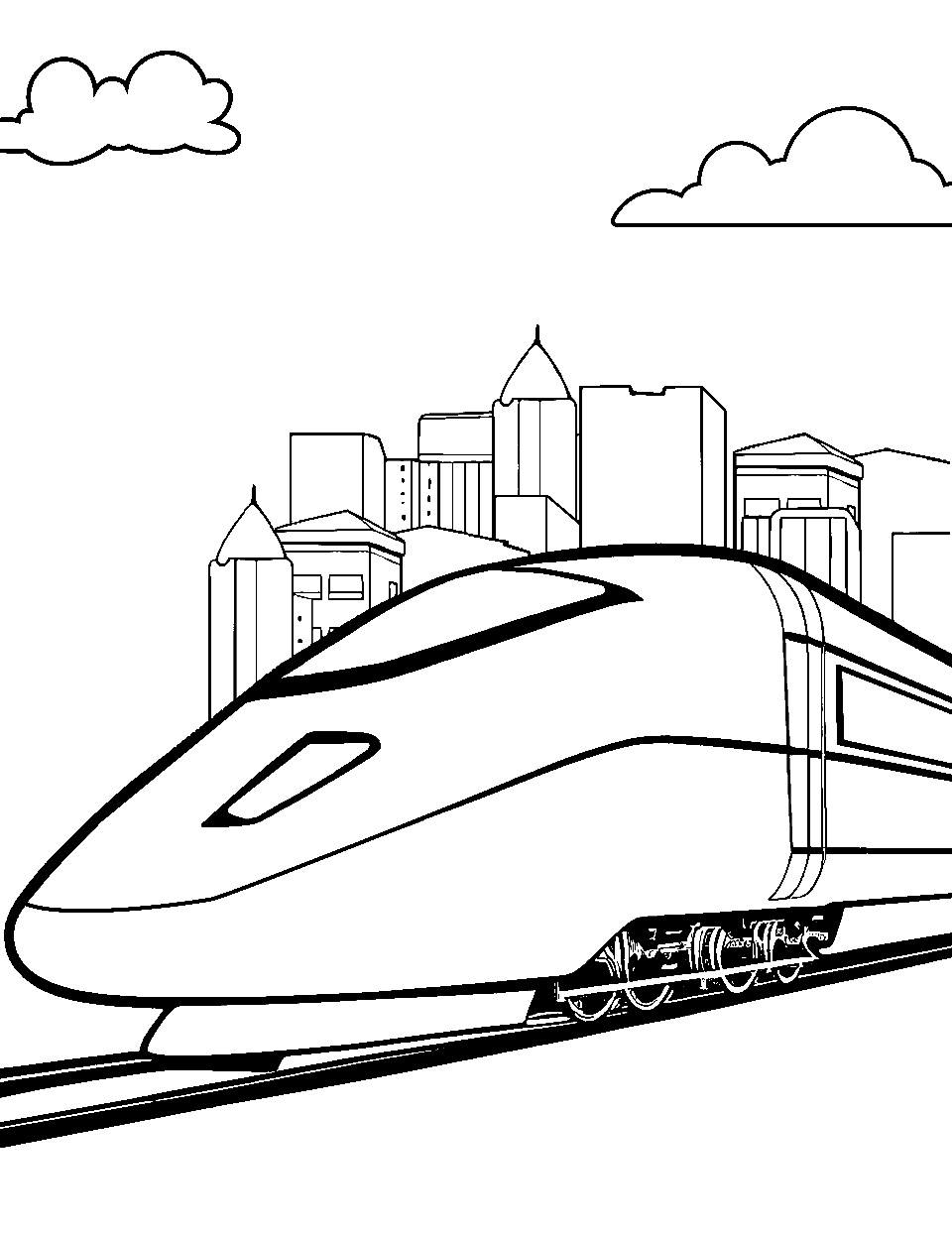Electric City Train Coloring Page - A futuristic electric train zipping through a future city.