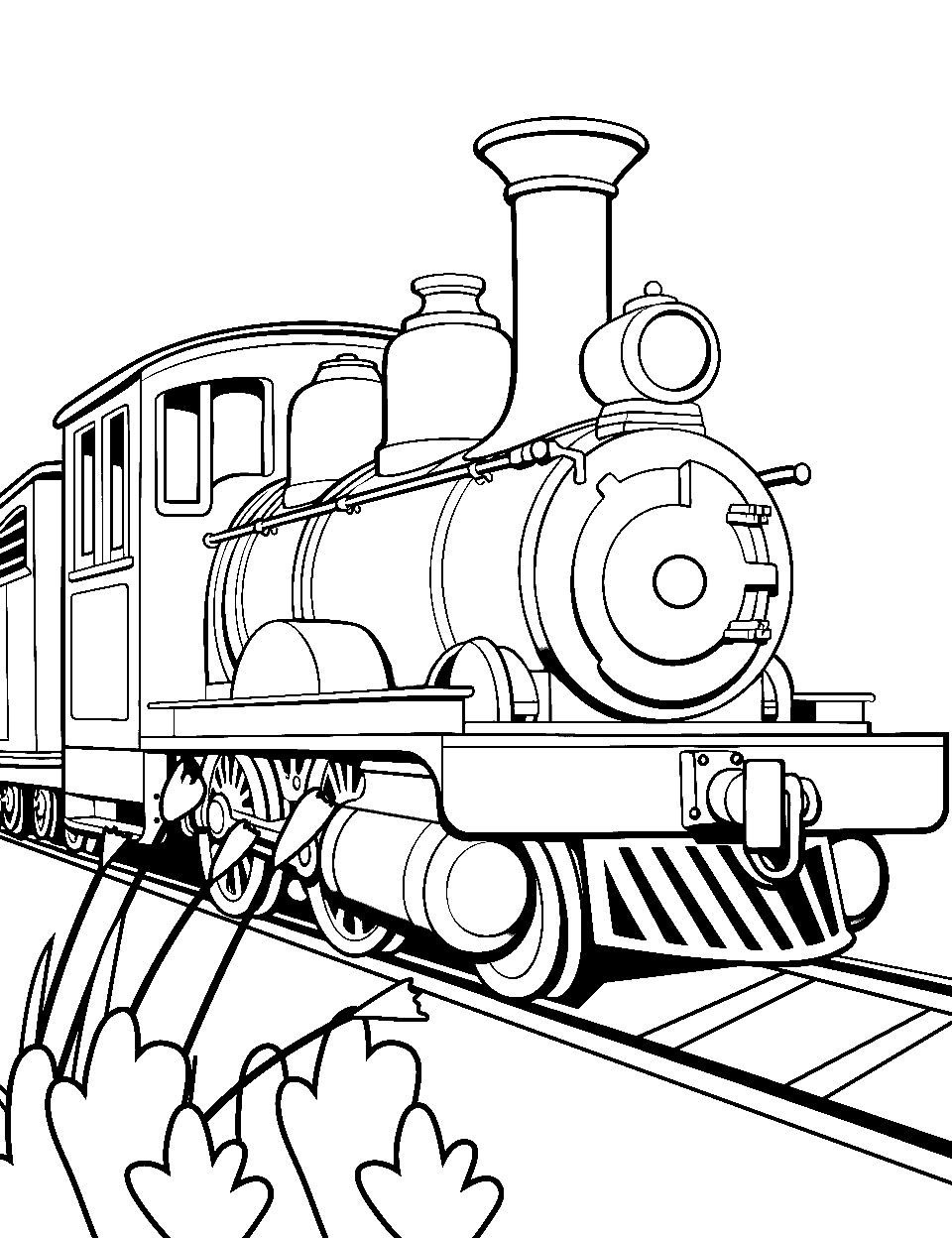Steam Engine Train Coloring Page - A large steam engine on a rail track.