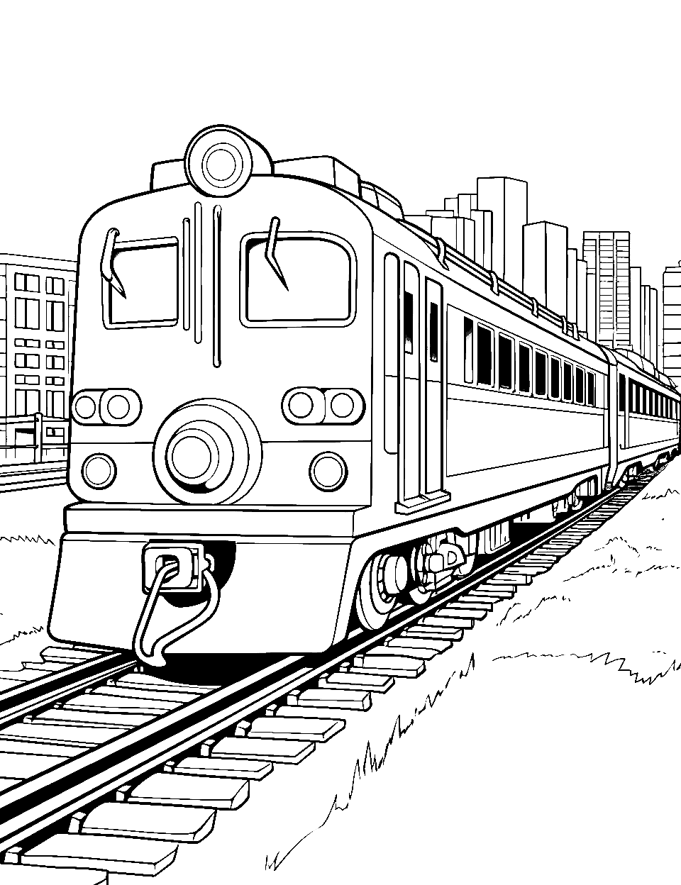 Transport Through the City Coloring Page - A modern city train moving between skyscrapers.