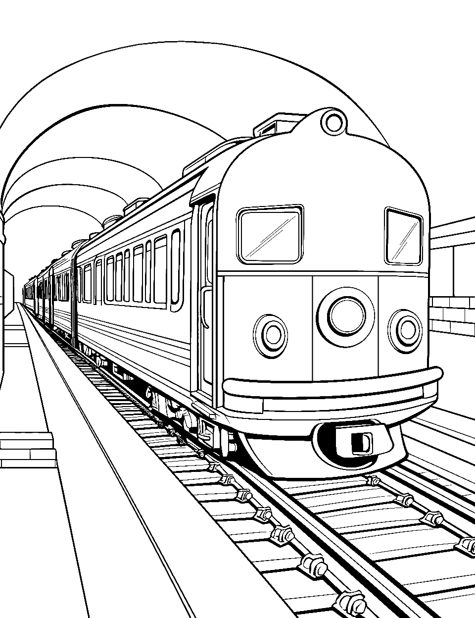 Underground Subway Scene Train Coloring Page - A sleek subway train in an underground tunnel.
