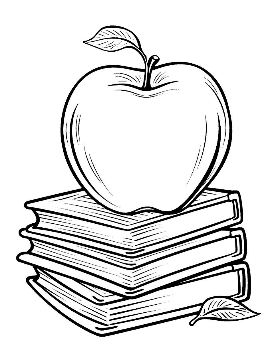 Teacher's Apple on a Book Coloring Page - An apple on top of a stack of books, symbolizing education.