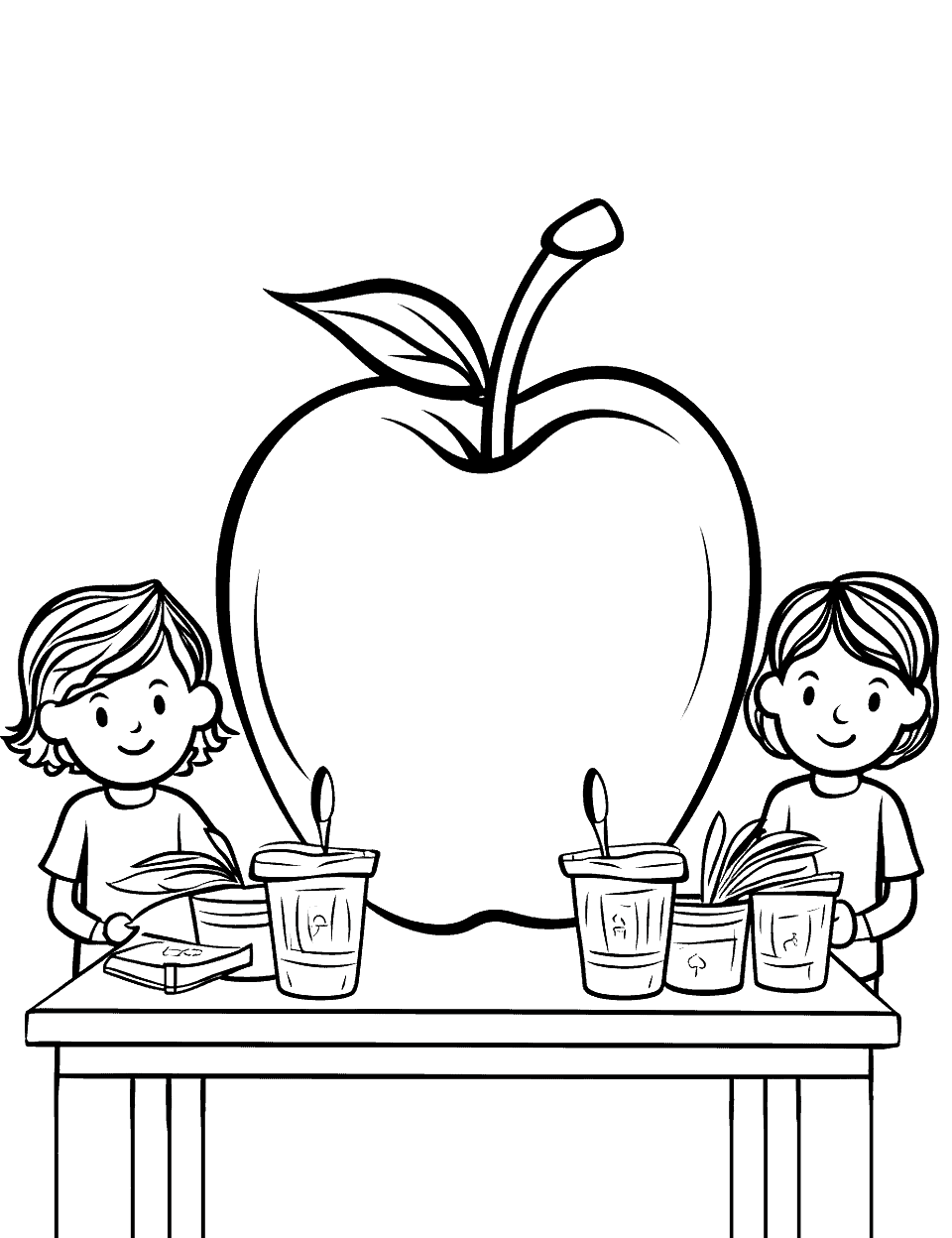 School Apple Project Coloring Page - Children in a classroom working on an apple-themed craft.