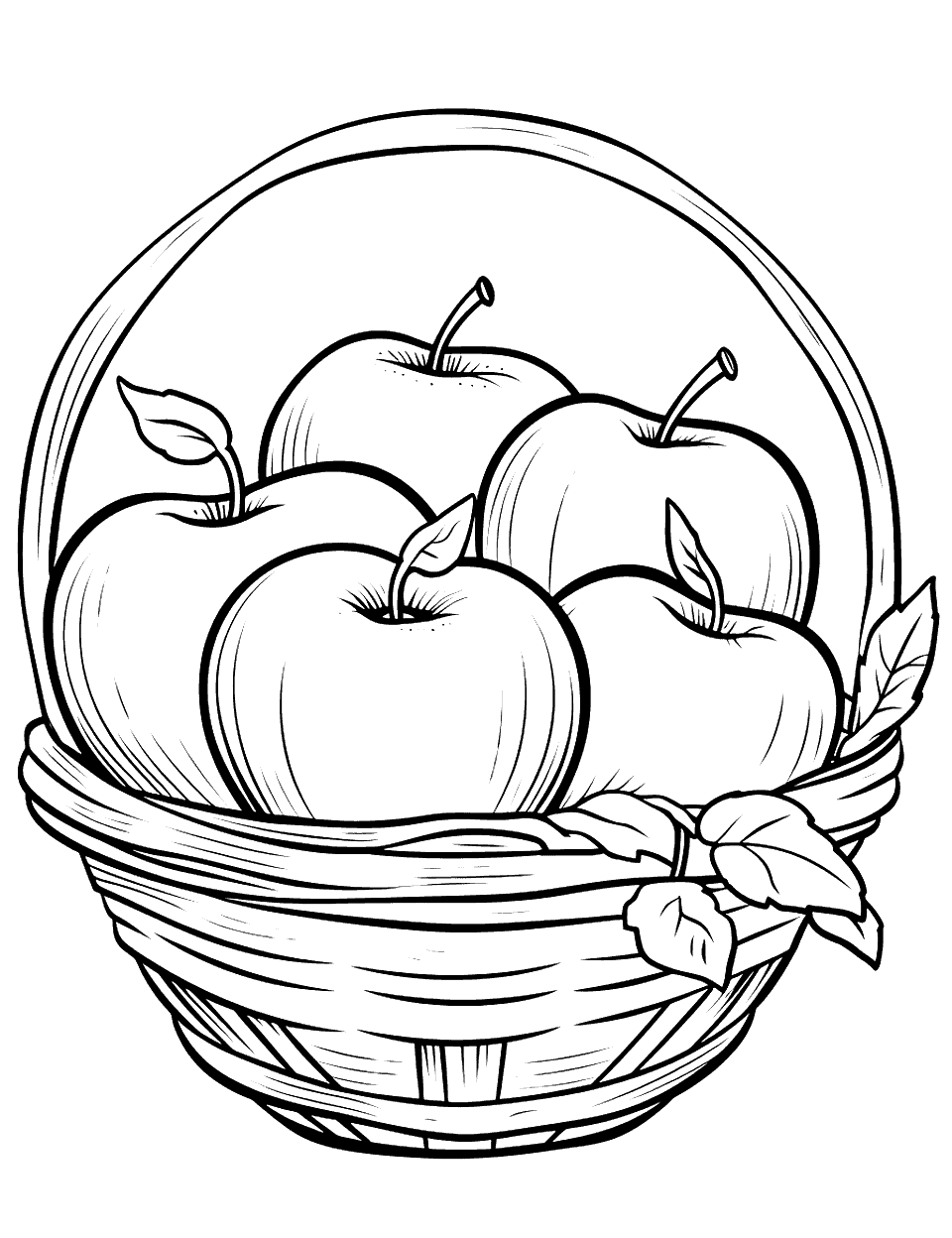 Basket Full of Apples Apple Coloring Page - A basket overflowing with apples of different sizes.