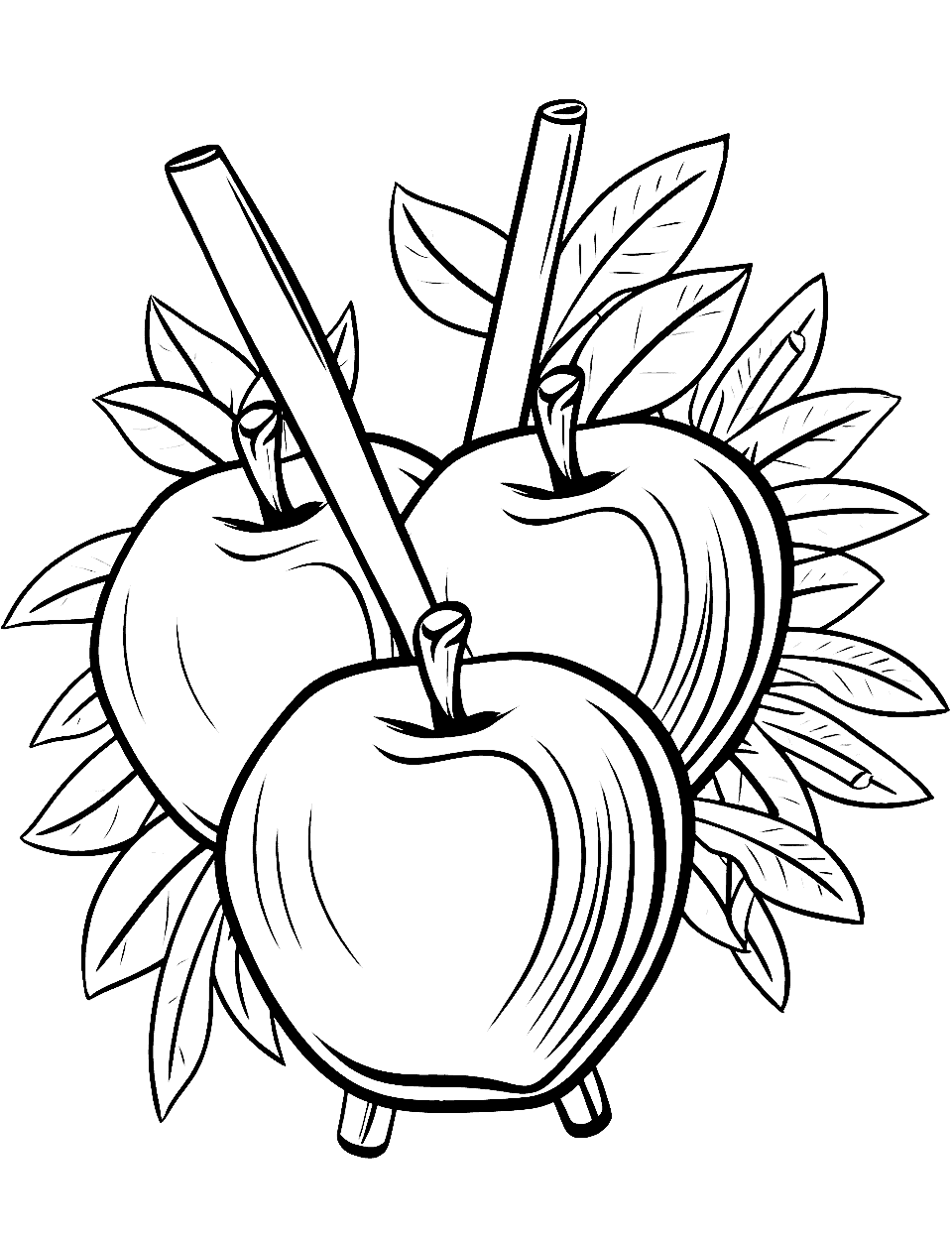 Apples and Cinnamon Sticks Apple Coloring Page - A bunch of apples surrounded by fragrant cinnamon sticks.