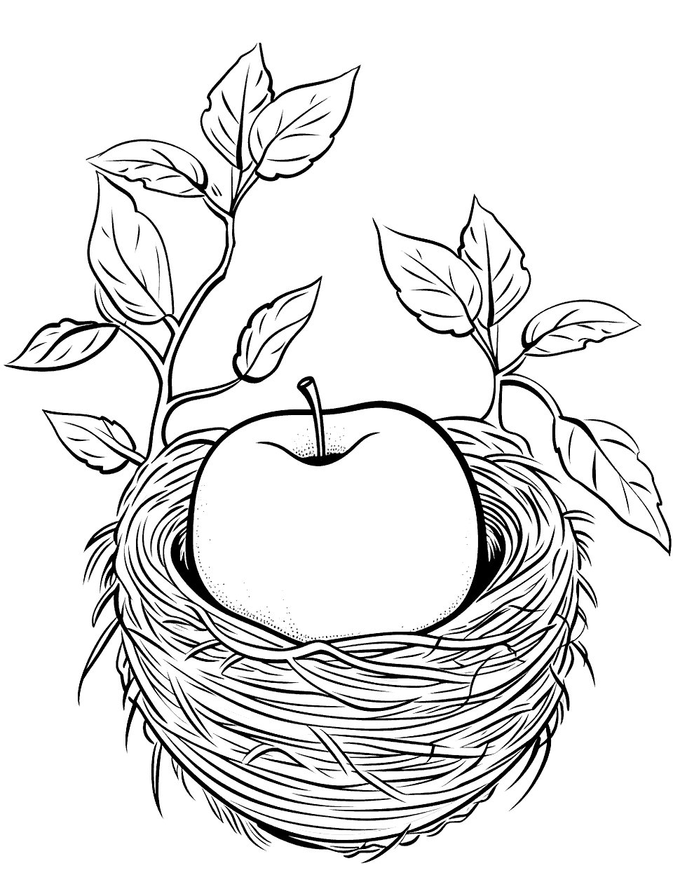 Apple in a Bird’s Nest Coloring Page - A surprising scene of an apple resting in a bird’s nest.