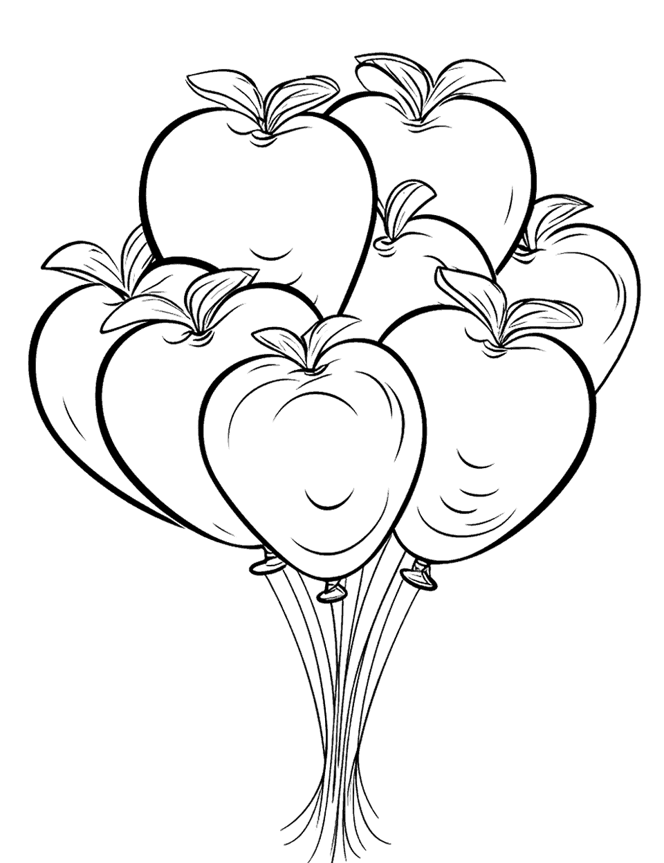 Apple-Shaped Balloons Apple Coloring Page - Balloons in the shape of apples floating in the sky.