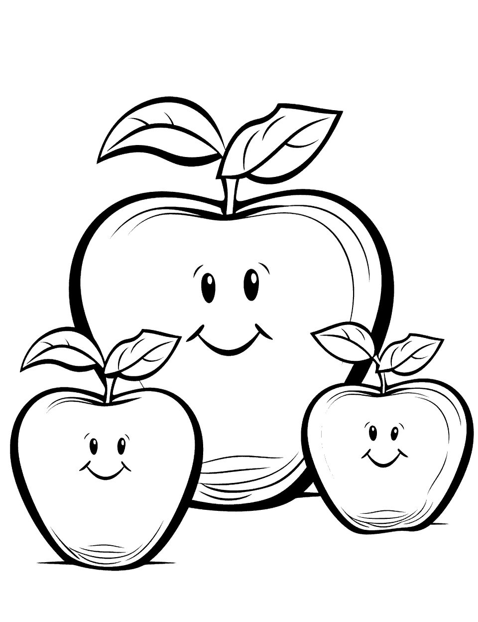 Happy Apple Family Coloring Page - A group of smiling apples with smiling expressions.