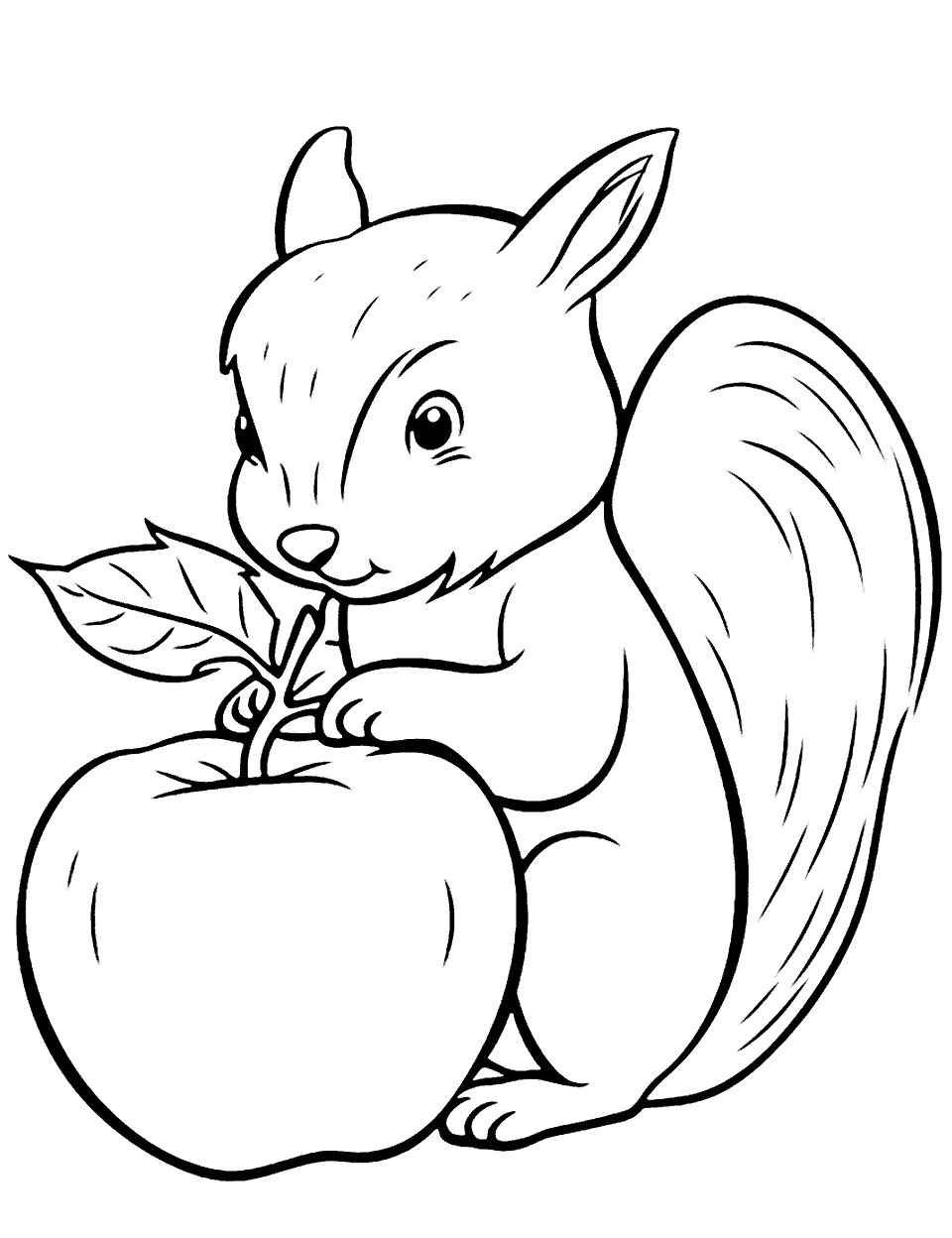 Squirrel Holding an Apple Coloring Page - A squirrel holding a small apple in its paws.