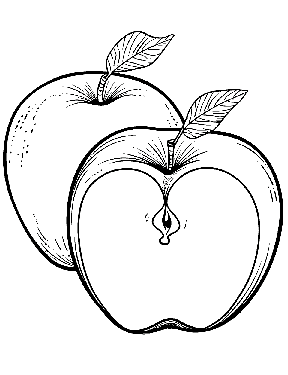 Apple Slice Coloring Page - An apple next to a sliced piece, showing the inside and seeds.