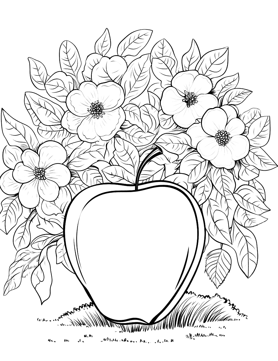 Apple in a Garden Coloring Page - An apple lying amidst flowers in a beautiful garden.