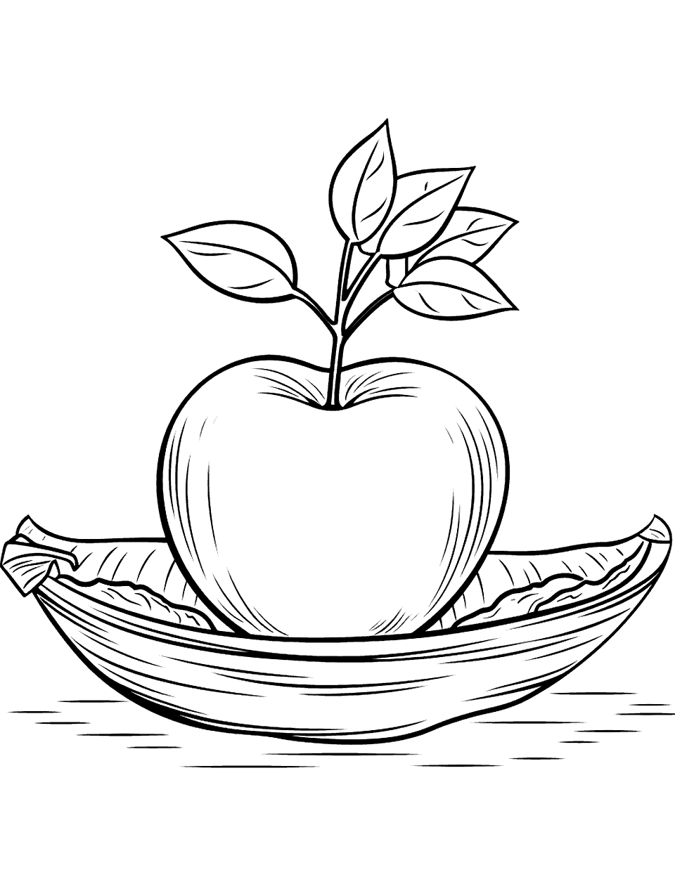 Apple in a Boat Coloring Page - An apple in a paper boat floating on a puddle.