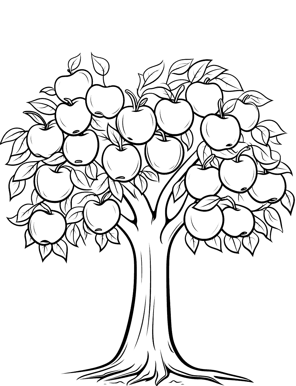 Apple Tree in Fall Coloring Page - An apple tree in fall with leaves of different colors and apples ready for harvest.