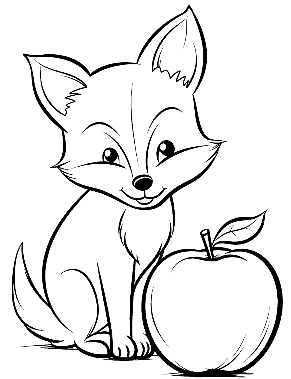 Little Fox and Apple Coloring Page - A cute fox looking curiously at an apple on the ground.