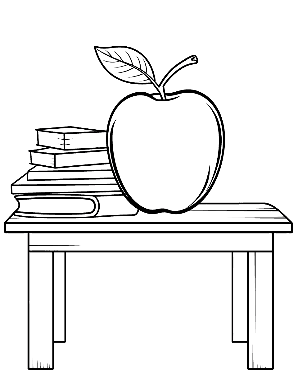 Big Apple on a Desk Coloring Page - A big apple sitting on a school desk with books.