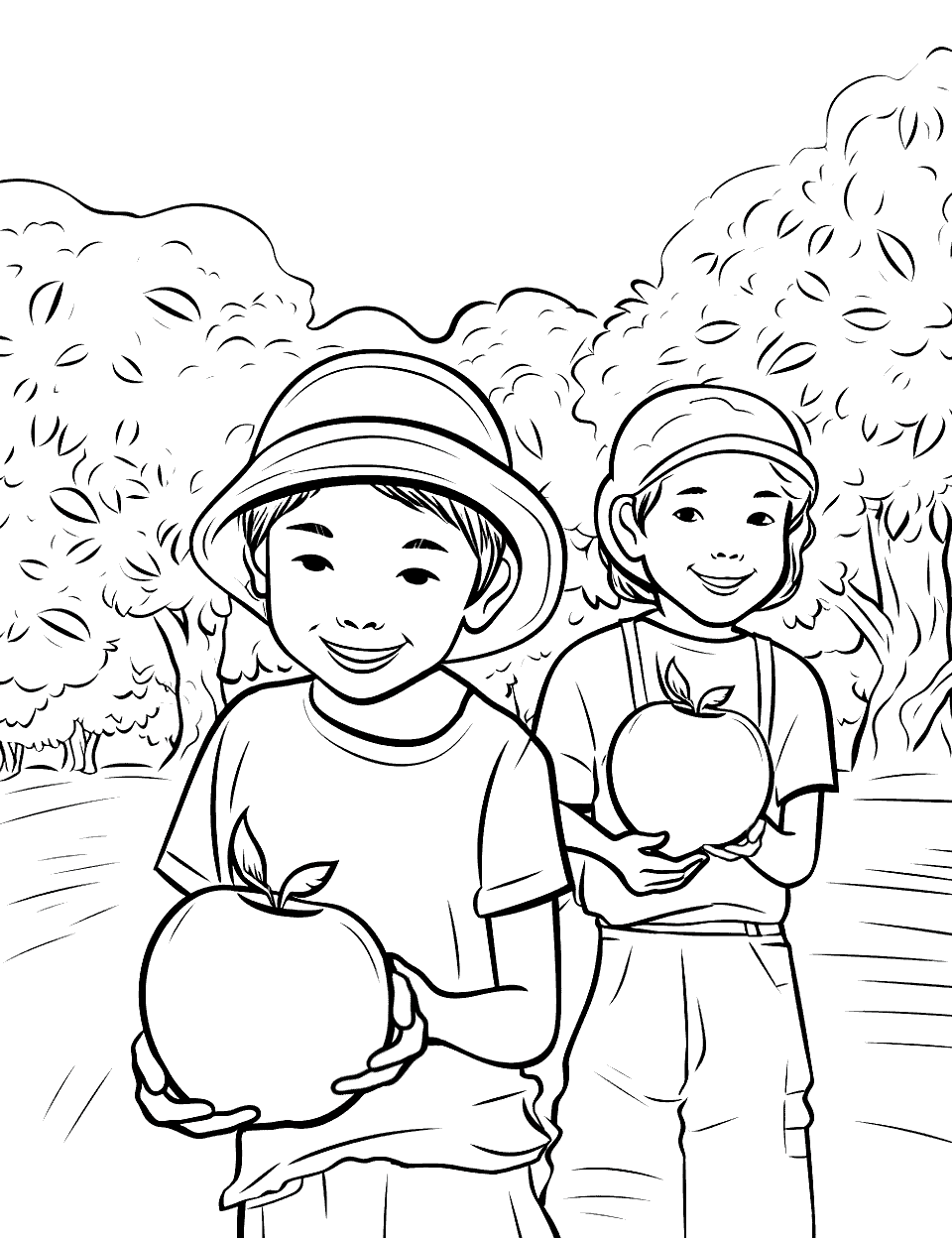 Apple Orchard Adventure Coloring Page - A detailed scene of kids exploring an apple orchard.