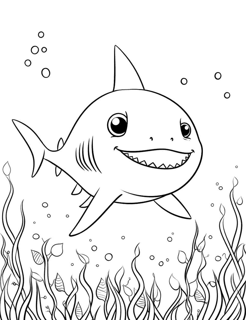 Easter Baby Shark Coloring Page - Baby Shark looking for Easter eggs hidden among the seaweed.