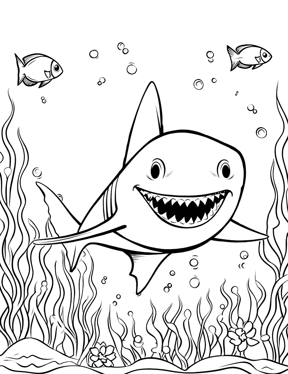 Sea Exploration Baby Shark Coloring Page - Baby Shark swimming near a coral reef, full of marine life.