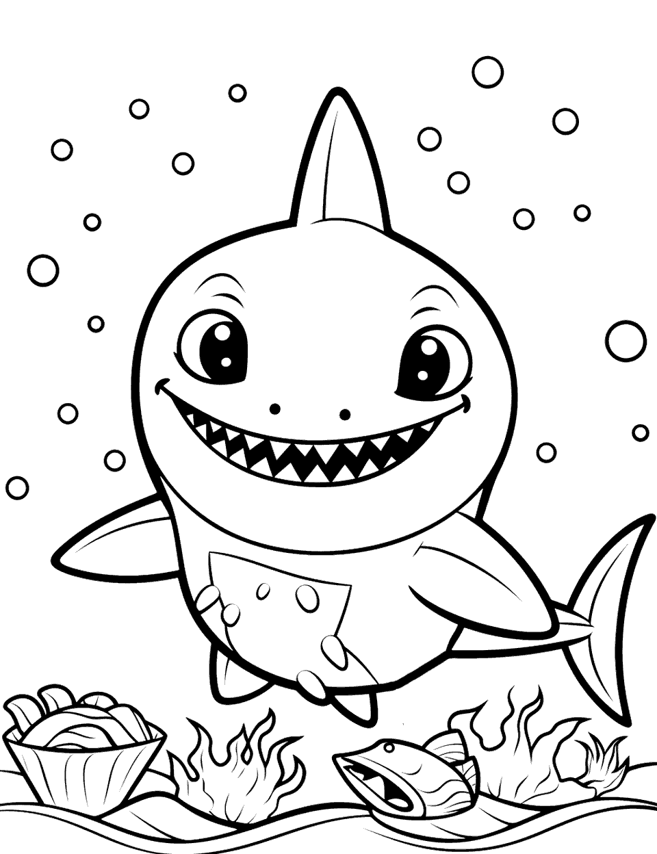 Baby Shark's Picnic Shark Coloring Page - Baby Shark having a picnic with underwater snacks.