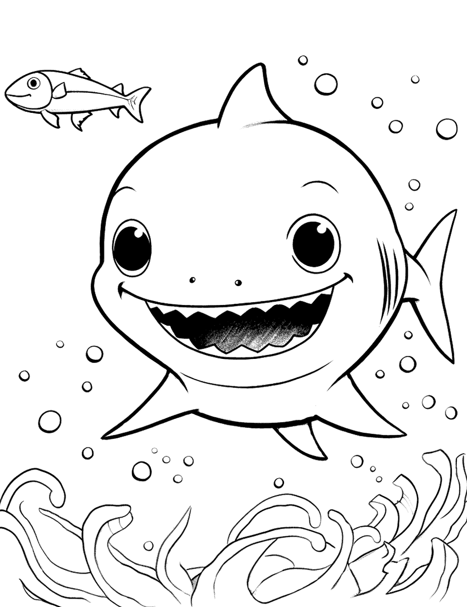 Baby Shark Making Friends Coloring Page - Baby Shark swimming around and making friends with small fishes in the ocean.