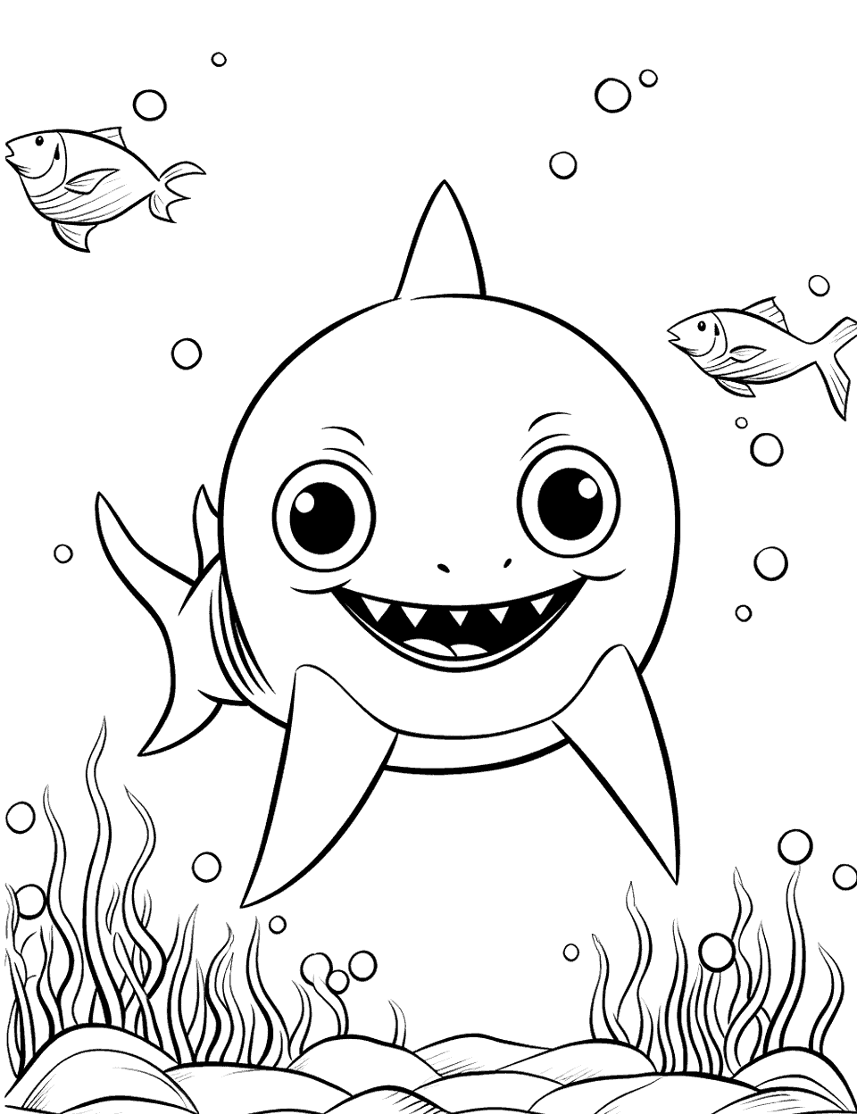 Baby Shark and the Fishy Coloring Page - Baby Shark playing hide and seek with small fish.