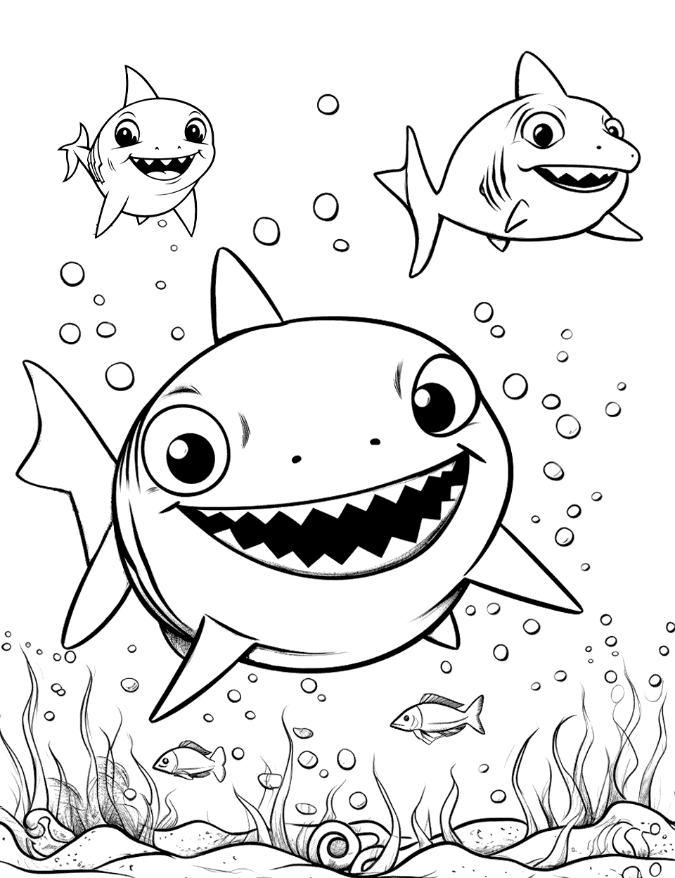 Baby Shark's Race Shark Coloring Page - Baby Shark racing with friends underwater.