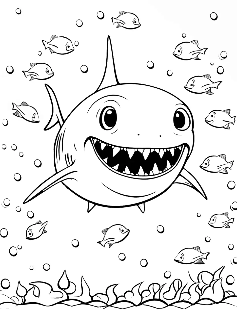 Cute Baby Shark Coloring Page - A cute smiling Baby Shark with big, friendly eyes, surrounded by small fishes.