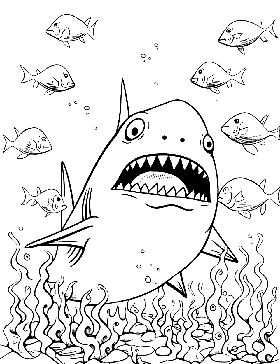 Underwater Volcano with Shark Baby Coloring Page - Shark and fish swimming away from volcano eruption.