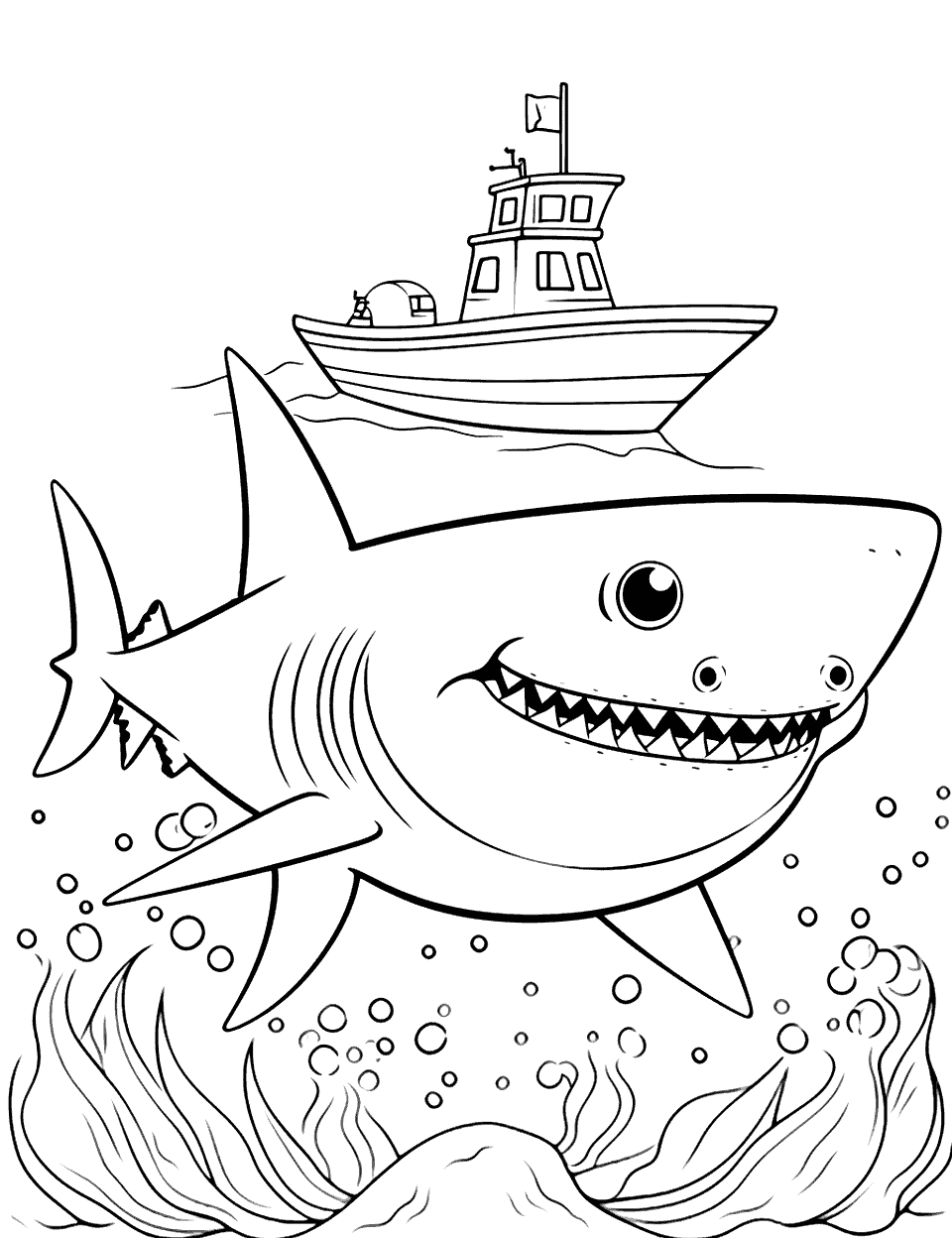Fishing Boat and Baby Shark Coloring Page - Baby Shark curiously observing a small boat from below.