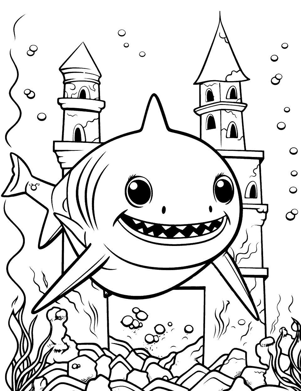 Ruin Adventure for Baby Shark Coloring Page - Baby Shark exploring the ruins underwater.