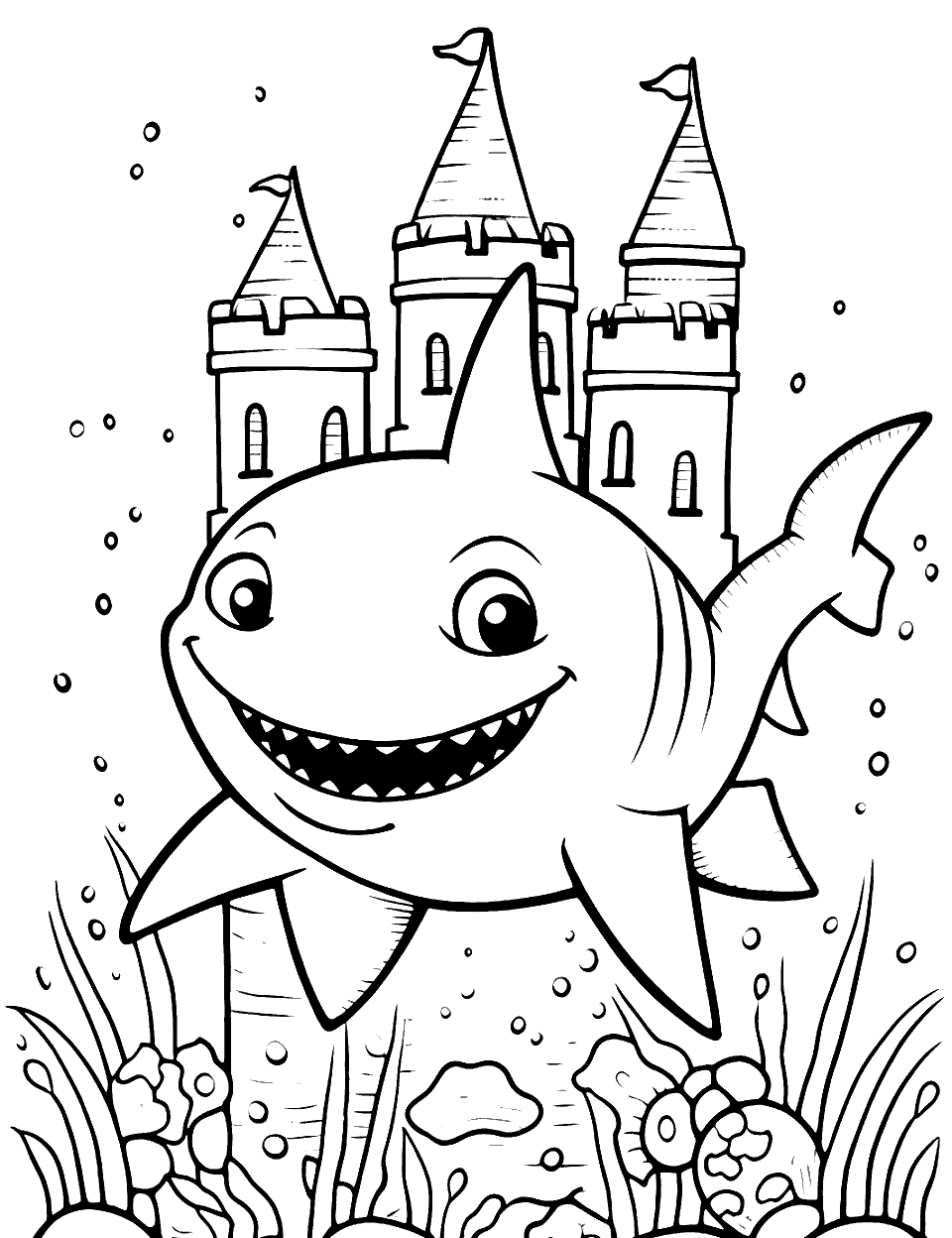 Baby Shark's Coral Castle Shark Coloring Page - Baby Shark playing in a coral castle.