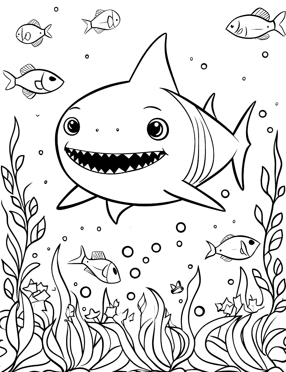 Baby Shark's Underwater Garden Shark Coloring Page - Baby Shark swimming on top of an underwater garden of sea plants.