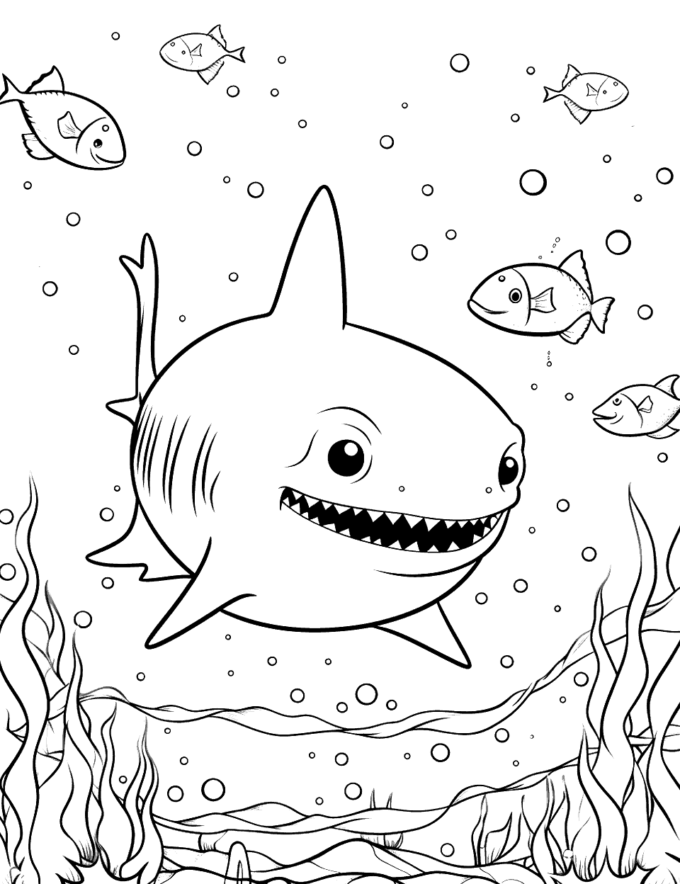 Baby Shark With Bubbles Coloring Page - Baby Shark swimming near the seafloor with lots of bubbles floating to the surface.